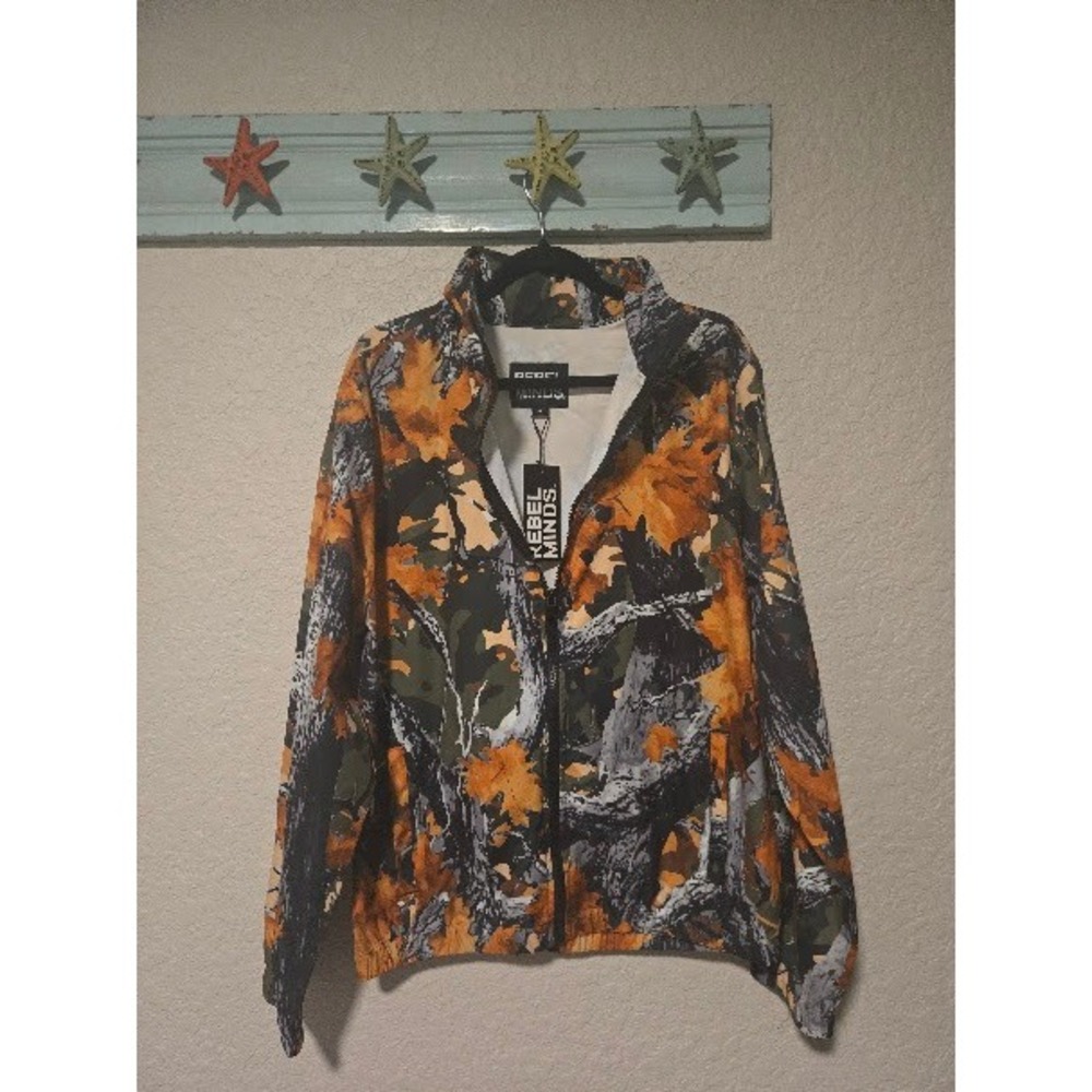 Rebel Minds Mens Forest Camo Windbreaker Jacket Orange Leaf Tree Print Size M